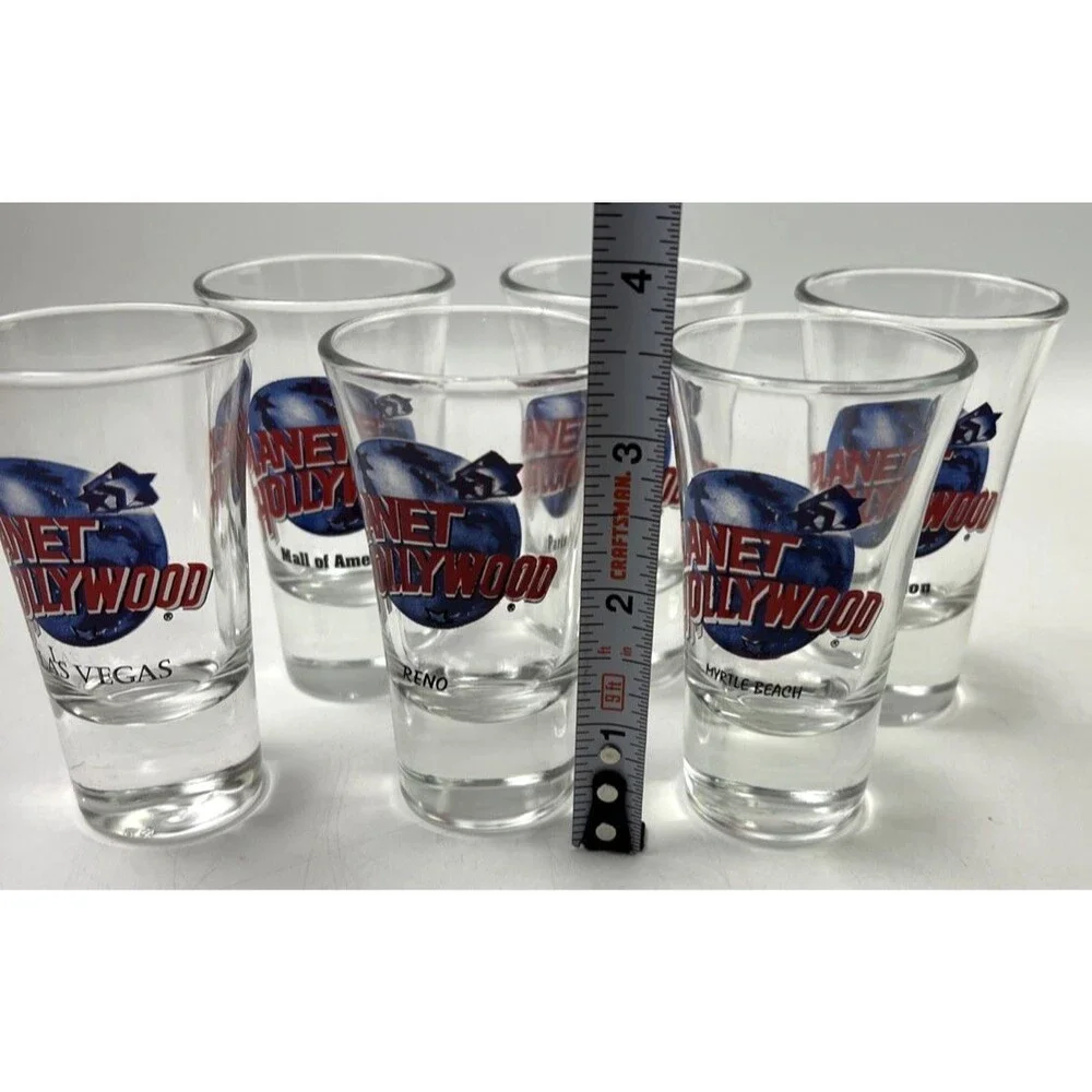 Lot Of 6 Planet Hollywood Shot Glasses-London,Myrtle Beach, Paris,Reno,Vegas,MOA